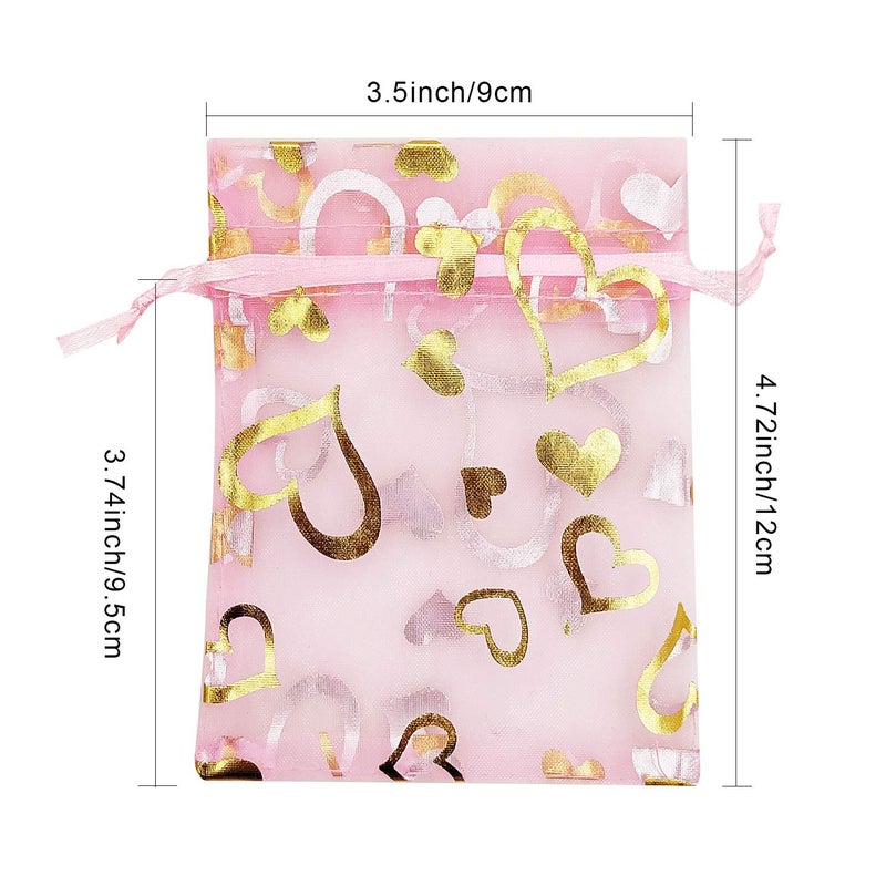 SumDirect 100Pcs 3.5x4.7 inch Sheer Pink Drawstring Heart Organza Favor Gift Bags Wedding Party Christmas Jewelry Pouches - Image 1